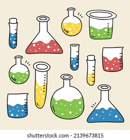 Laboratory equipment with glass tubes, flask, beaker and other chemical and medicine lab measuring equipment, cartoon style for graphic designer,  Vector illustration, 