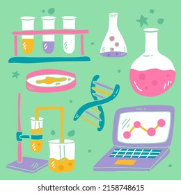 Laboratory equipment with glass tubes, flask, beaker and other chemical and medicine lab measuring equipment, cartoon style for graphic designer,  Vector illustration