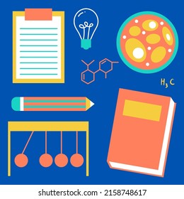 Laboratory equipment with glass tubes, flask, beaker and other chemical and medicine lab measuring equipment, cartoon style for graphic designer,  Vector illustration