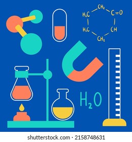 Laboratory equipment with glass tubes, flask, beaker and other chemical and medicine lab measuring equipment, cartoon style for graphic designer,  Vector illustration