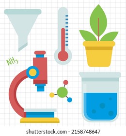 Laboratory equipment with glass tubes, flask, beaker and other chemical and medicine lab measuring equipment, cartoon style for graphic designer,  Vector illustration