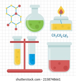 Equipos de laboratorio con tubos de vidrio, matraz, vaso de precipitado y otros equipos de medición de laboratorio químicos y medicinales, estilo cartográfico para diseñador gráfico, Ilustración vectorial