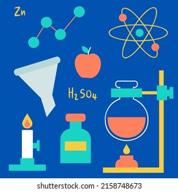 Laboratory equipment with glass tubes, flask, beaker and other chemical and medicine lab measuring equipment, cartoon style for graphic designer,  Vector illustration