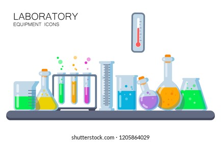 Iconos de equipos de laboratorio aislados en blanco. Máscaras, Velas, Iconos Termómetros. Ilustración vectorial. Estilo plano. Diseño decorativo para Web, Laboratorios, Ilustraciones del libro de estudio, Educación sobre Química