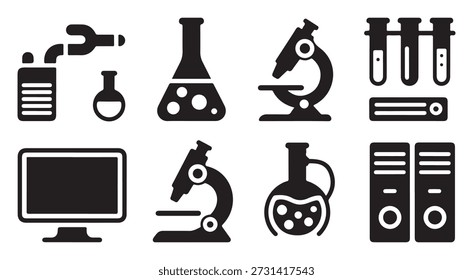 Iconos del equipo de laboratorio fijados para la ciencia y la investigación