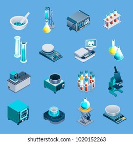 Laboratory equipment including beakers, scales, burner, scientific devices isometric icons isolated on blue background vector illustration   