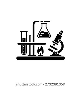 Equipamento de laboratório, incluindo um copo de microscópio e tubos de ensaio numa prateleira com chama