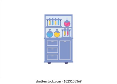 Equipamiento de laboratorio, jarras, zapatillas, frascos, microscopio, báscula, estante con libros. Educación en ciencias de la biología ilustración de vectores médicos 