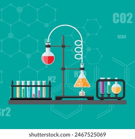 Laborausrüstung, Gläser, Becher, Kolben, Spirituosenlampe auf dem Tisch. Biologiewissenschaft Bildung Medizinische Vektorillustration im flachen Stil