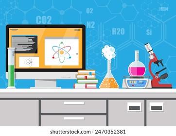 Equipo de laboratorio, frascos, vasos, frascos, balanzas, microscopio y pila de libros. Computadora con software. Biología, ciencias, educación médica. Ilustración vectorial en estilo plano