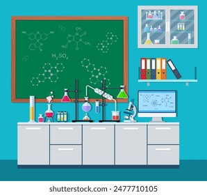 Laboratory equipment, jars, beakers, flasks, microscope, scales, spirit lamp on table. Computer, shelf with books. Agenda board. Biology science education medical vector illustration in flat style