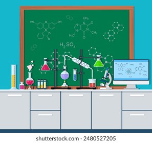 Equipo de laboratorio, frascos, vasos, frascos, microscopio, básculas, lámpara de burbujas en la mesa. Tablero de agenda. Biología Educación en ciencias Ilustración vectorial médica en estilo plano