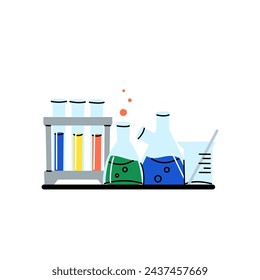 Laboratory equipment. Lab glassware. Chemical reagents in glass bottles and rest tubes and flasks. Medical scientific research tools. Doodle drawing. Vector cartoon flat style isolated illustration