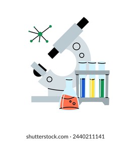 Laboratory equipment. Lab glassware. Chemical reagents in glass bottles and rest tubes and flasks. Medical scientific research tools. Doodle drawing. Vector cartoon flat isolated illustration