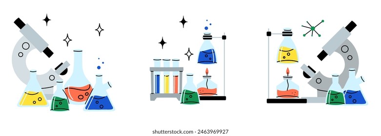 Laboratory equipment. Lab glassware. Chemical reagents in glass bottles and rest tubes and flasks. Medical scientific research tools. Doodle drawing. Vector cartoon flat style isolated illustration