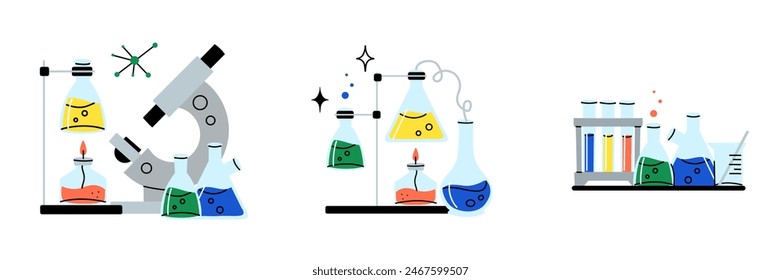 Laboratory equipment. Lab glassware. Chemical reagents in glass bottles and rest tubes and flasks. Medical scientific research tools. Doodle drawing. Vector cartoon flat style isolated illustration