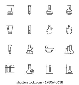 Juego de iconos de línea de equipo de laboratorio, colección de símbolos de vector de contorno, paquete de pictogramas de estilo lineal. Señales, ilustración del logotipo. El conjunto incluye iconos como vidrio de laboratorio, tubo de prueba médico, matraz de líquido