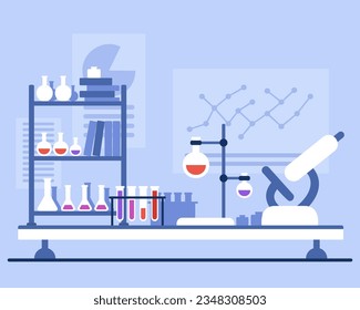 Laboratory equipment for medical research vector illustration. Test tubes, beakers, bottles with colorful liquid and microscope ready for experiment. Lab testing, science, health care concept