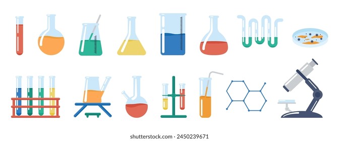 Laboratory equipment. Medical laboratory test tubes with chemical reagents. Scientific tools for experiment and research, glassware decent vector set