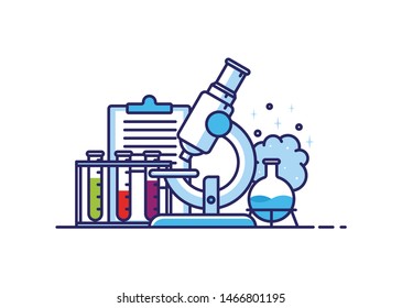 Laboratory equipment: microscope, flask, bulb and clipboard with sheet. Scientific vector illustration in flat style with wide outline.