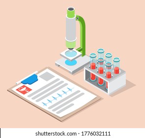 Laboratory equipment. Microscope and flasks with test tubes in a container. Analysis in a medical laboratory. Clipboard with medical report. Symbolic snake and cardiogram. Isometric vector image