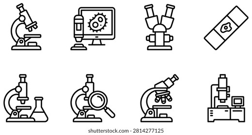 Laboratory equipment and microscopy icons with microscope laboratory research