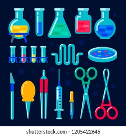 Laboratory equipment. Nanotechnology and biochemistry laboratory. Flask, vial, test-tube, scales, glass retorts with substance. Human genome sequencing project. Flat style vector illustration