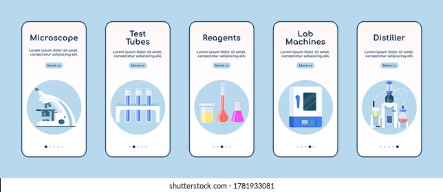 Laboratory equipment onboarding mobile app screen flat vector template. Medical research center. Walkthrough website steps with characters. UX, UI, GUI smartphone cartoon interface, case prints set