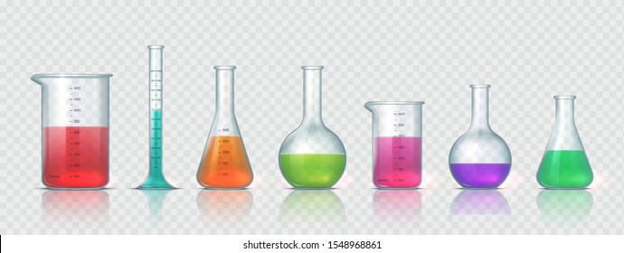 Laboratory equipment. Realistic 3D glass tubes, flask, beaker and other chemical and medicine lab measuring equipment. Vector illustration testing equipments set for science experiments or measuring - Shutterstock ID 1548968861