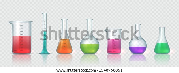 Laboratory equipment. Realistic 3D glass tubes,\
flask, beaker and other chemical and medicine lab measuring\
equipment. Vector illustration testing equipments set for science\
experiments or\
measuring