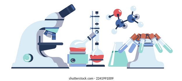 Laboratory equipment. Scientific research concept. Lab glassware and microscope. Chemistry experiment. Medical analysis. Chemical beaker and flask with liquid. Vector