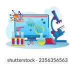 Laboratory equipment for scientific research vector illustration. Drawing of computer with data, beakers and tubes with liquid, microscope. Science, education, biology, chemistry, medicine concept