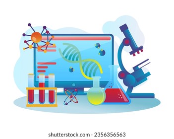 Equipos de laboratorio para la investigación científica de ilustraciones vectoriales. Dibujo de computadora con datos, beakers y tubos con líquido, microscopio. Ciencia, educación, biología, química, concepto de medicina