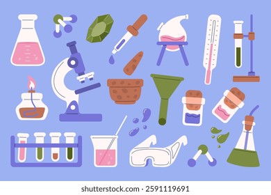 Laboratory equipment and scientific tools including microscope, test tubes, beakers, flasks, pipette, thermometer, safety goggles, funnel, and burner. Research, chemistry, and education concepts