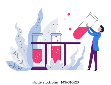 Equipo de laboratorio y experimentos científicos genéticos frascos químicos microbiología vectorial y sustancia química o experimento de reactivo que combina sustancias químicas hombre y contenedores de vidrio