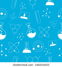 Laboratory equipment seamless pattern concept. colorful pattern background with glasses, molecule, atom,  structure of chemical. flat design style. vector illustration
