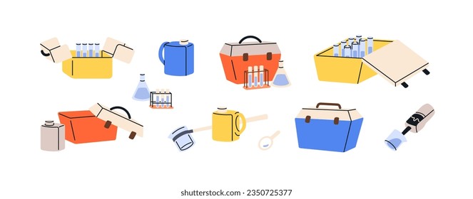 Laboratory equipment set. Chemical lab boxes, cases, science test tools, glass tubes, flasks. Scientific appliances, stuff for sampling. Flat graphic vector illustrations isolated on white background