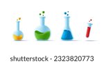 Laboratory equipment set of glass beackers of different shapes and with coloured liquid, 3d render icon