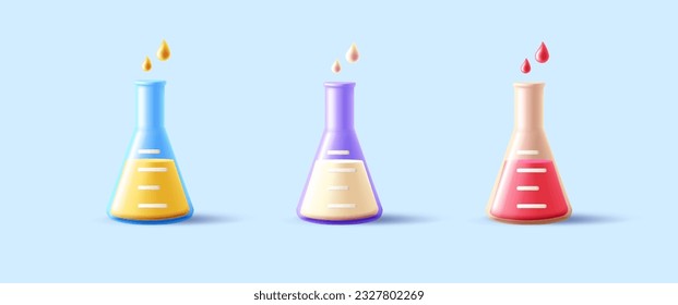 Laboratory equipment set of glass triangle beackers with coloured liquid, 3d render icon, poison or medicine
