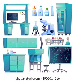 Laboratory equipment set isolated medical furniture, diagnostic computers and test tubes. Vector pharmacy tables and chairs, desk with dna graphics, microscope and pharmacology bottles, beakers