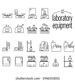 Laborgeräte, Satz von linearen Symbolen, Instrumente für biologische, chemische oder biochemische Laboratorien, Vektorgrafik