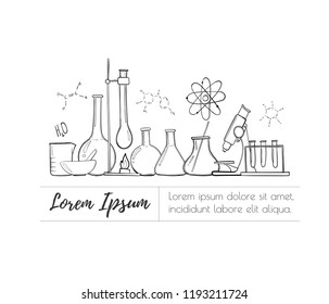 Laboratory equipment set. Science chemistry. Microscope, Glass flasks and test tubes. Chemical experiments. Formulas, elements and atoms. objects