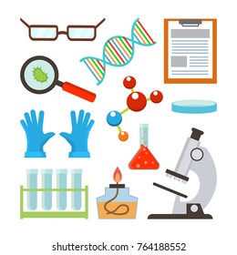 Laboratory Equipment Set Vector. Science Accessories. Glasses, Dna, Structure, Molecule, Notepad, Petri, Bowl, Gloves, Bulb, Test Tube, Microscope. Isolated Flat Cartoon Illustration