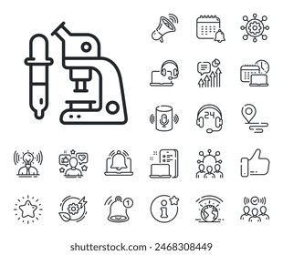 Señal de equipo de laboratorio. Coloca iconos de ubicación, tecnología y contorno de altavoz inteligente. Icono de línea de microscopio. Símbolo de instrumento de laboratorio de Ciencia. Signo de línea de microscopio. Vector