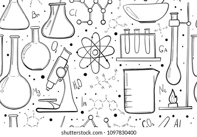 Laboratory equipment sketch seamless pattern. Science chemistry. Microscope, Glass flasks and test tubes. Chemical experiments. Formulas, elements and atoms. Outline objects