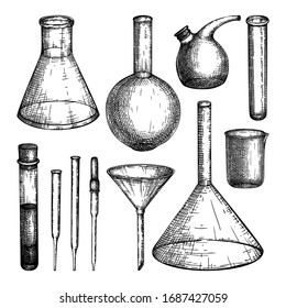 Laboratory equipment sketches set. Hand drawn glass pipette, flask, beaker, glass, tubes and funnel drawings. Chemical and medicine lab testing equipment collection. Vector laboratory testing tools.