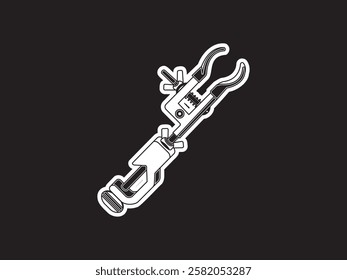 Laboratory equipment support clamp icon illustration design, can help analysis activities such as filtration, titration, and distillation, realistic vector in black and white sticker style