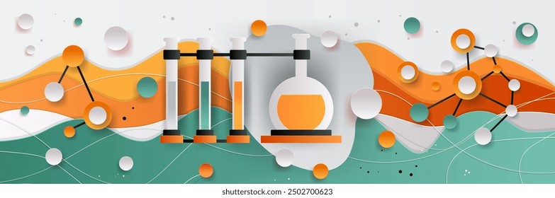 Equipo de laboratorio con tubos de ensayo y estructuras moleculares colorido abstracto estilo de corte de papel de fondo