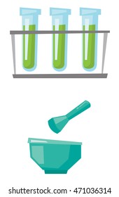 Laboratory equipment - test tubes, mortar and pestle vector flat design illustration isolated on white background.