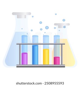 Equipos de laboratorio. tubos de ensayo con soluciones y reactivos. Reacción química. Ilustración vectorial